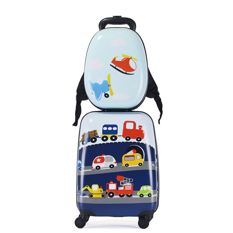 Front of a children's cartoon hardshell suitcase with lockable zip pulls