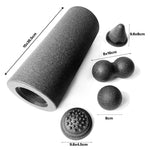 Black EPP foam roller set with peanut ball, sphere and massage cones showing sizes in centimeters