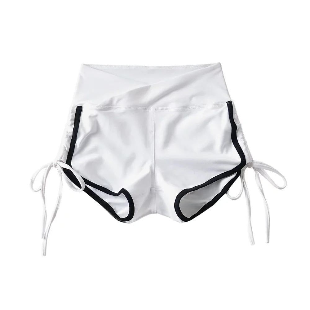 Detail close on the waistband finish of the high waist shorts
