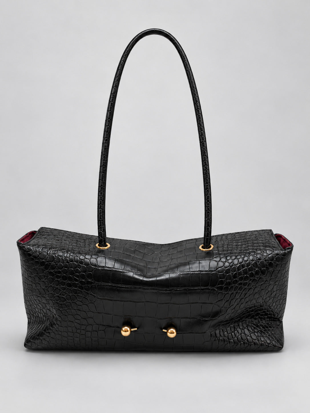 Black croc embossed shoulder bag with gold ball studs and round handle, Stone pattern black option