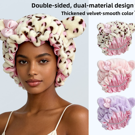 Double Layer Plush Bear Ear Sleep Cap with Satin Lining and Pink Bow