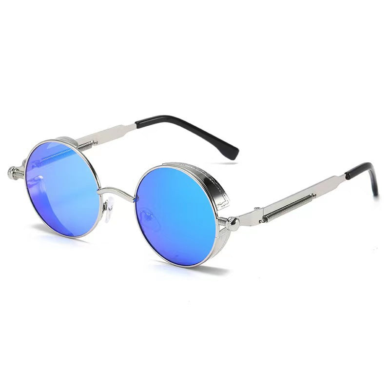 Tinted UV400 round lens sunglasses shown beside a protective case and cleaning cloth