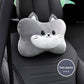 Gray cat cartoon headrest pillow with a white muzzle on a black car seat, two pack badge