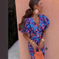 Printed V Neck Tight Fitting Puff Short Sleeve Women Dress