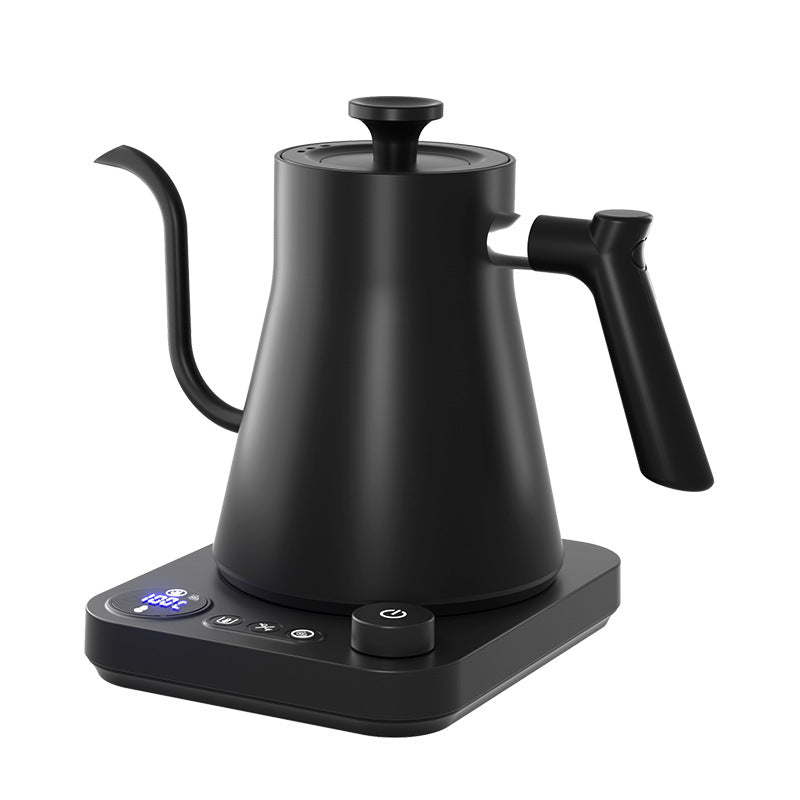 Angled view of a black gooseneck kettle with the lit temperature display on its control base