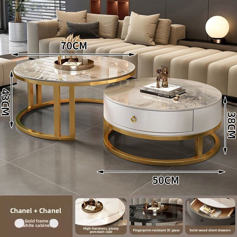 Option 60x80cm photo: round nesting tables, gold frame, white cabinet, veined white stone tops, labeled 70 CM and 50 CM