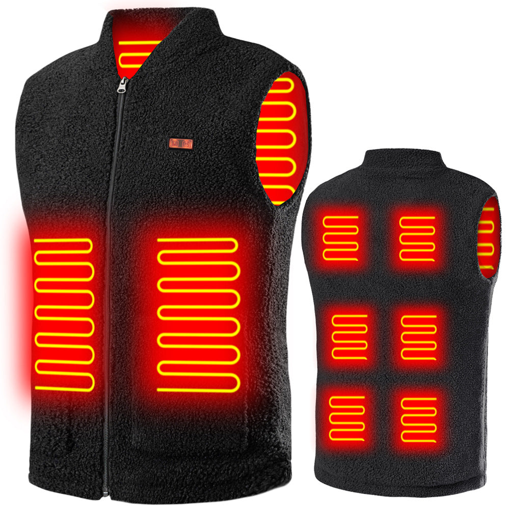 Black heated sherpa fleece vest with illustrated heating panels, Black option, size L