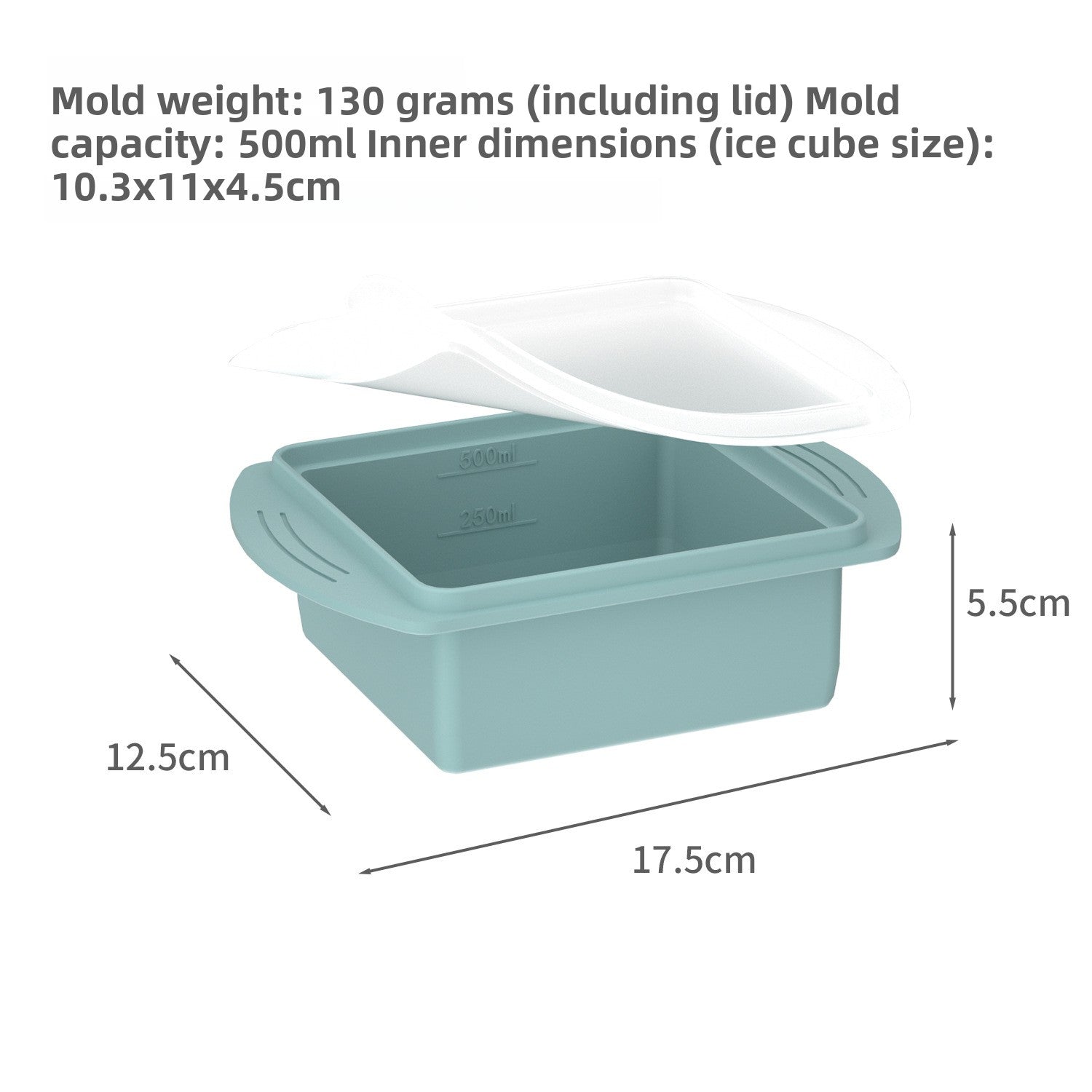 Flexible platinum silicone ice cube tray in a large cube layout for freezer food storage