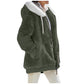 Women's loose plush hooded zip jacket with a contrast lined drawstring hood and two zip pockets