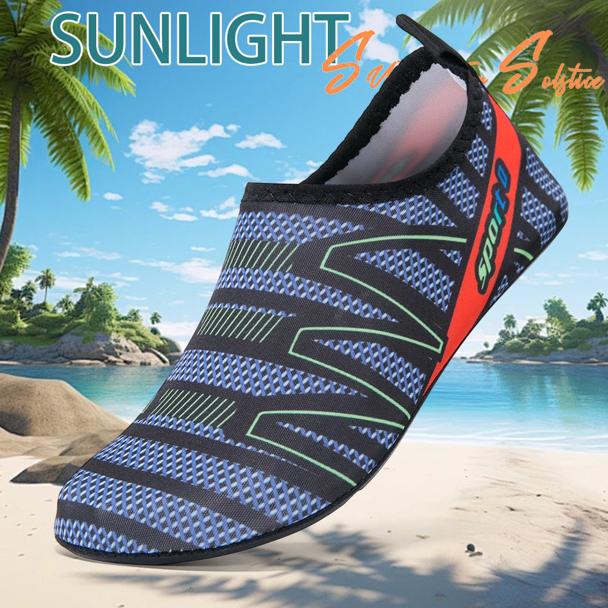 Slip on quick dry water shoe with a stretch mesh upper and grippy TPR sole, blue and orange