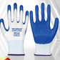 Pair of blue nitrile coated work gloves on a white knit liner printed WORKS GRIP-PRO N518, product photo for the blue option