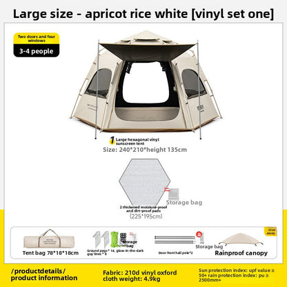 Almond white pop-up camping tent shown for size and scale reference