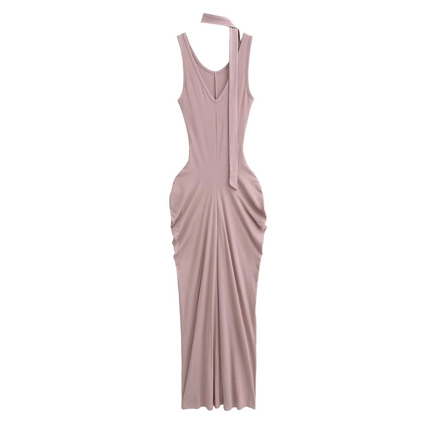 V-neck sleeveless maxi dress with two wide straps and a hanging sash tie