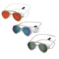 Three aviator swim goggles in red, blue and green with clear silicone head straps