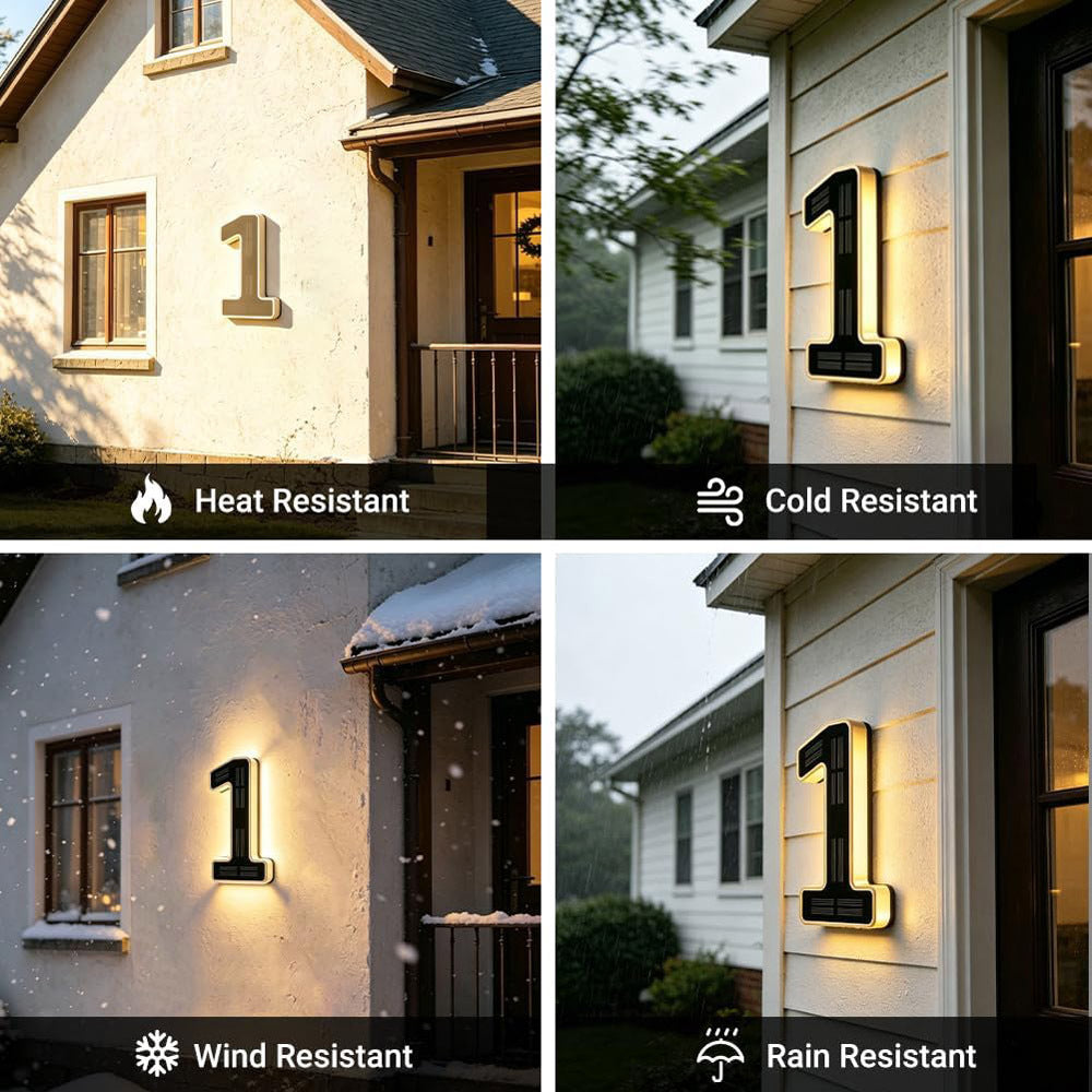 Solar LED house number 1 mounted on outdoor walls, shown standing up to heat, cold, wind and rain