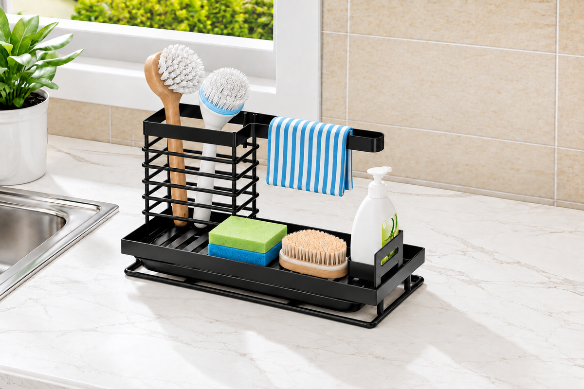 Same kitchen counter with the exact Black sink caddy arranging brushes, sponges, a cloth and a pump bottle