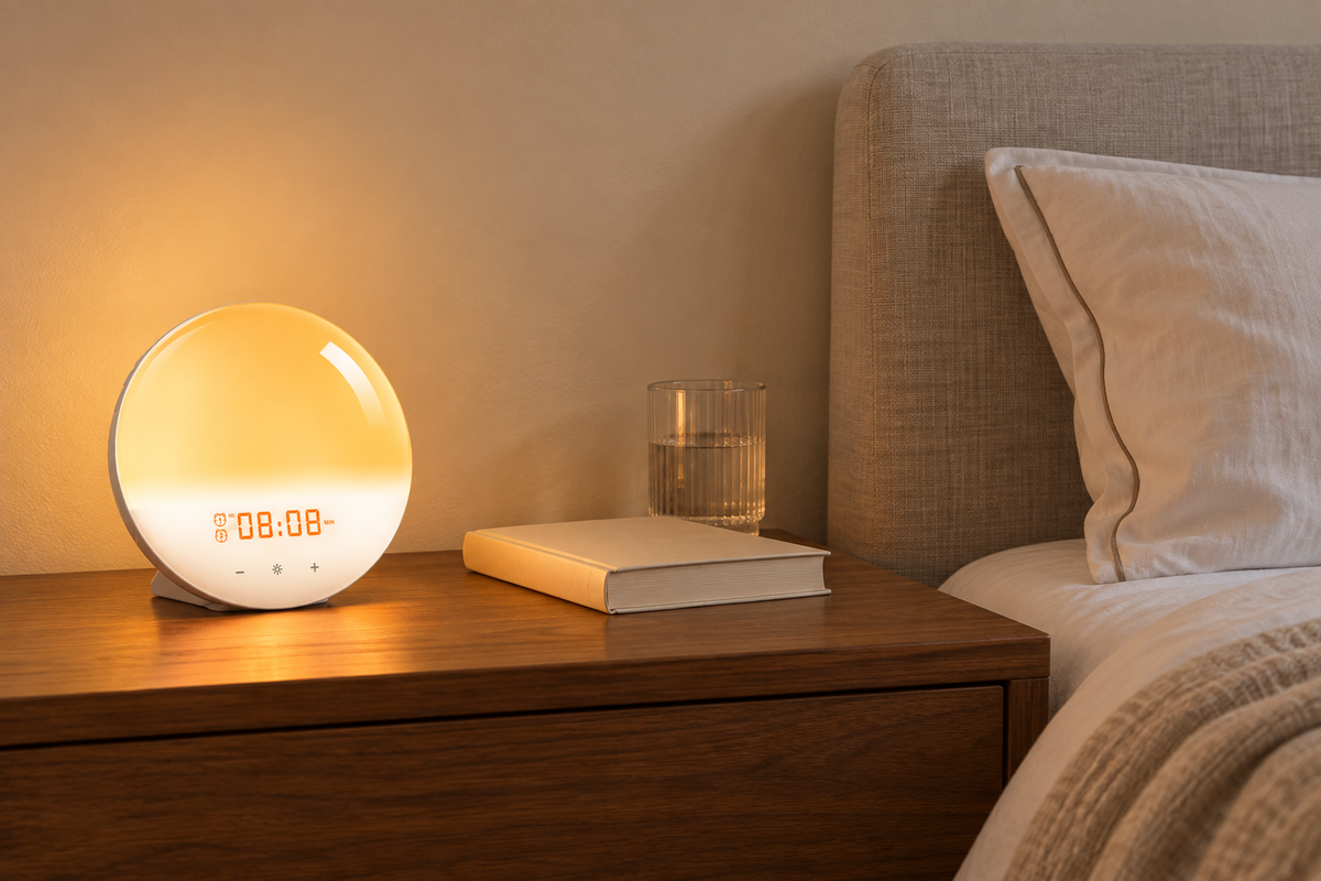 Matching bedside table with the sunrise alarm clock glowing amber