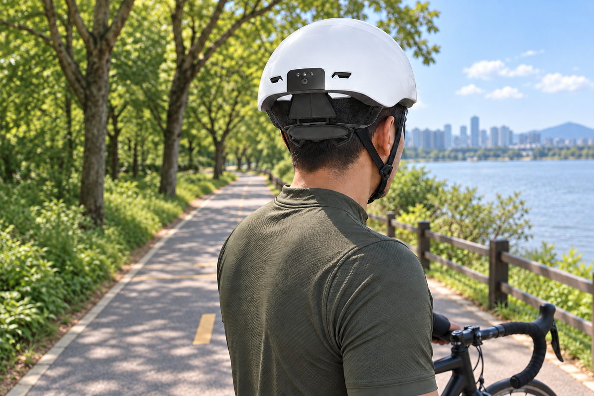 Same lakeside cyclist and bicycle wearing the exact White helmet