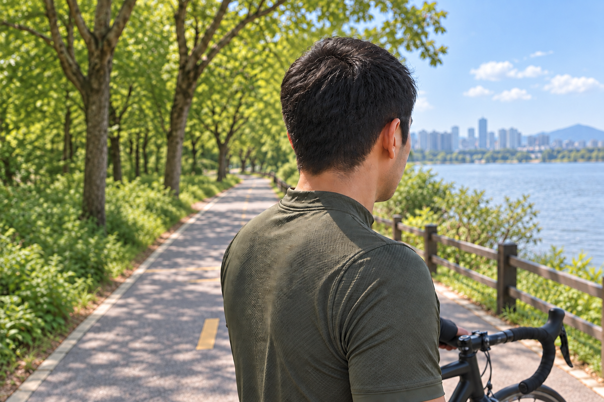Same lakeside cyclist and bicycle before fitting the helmet