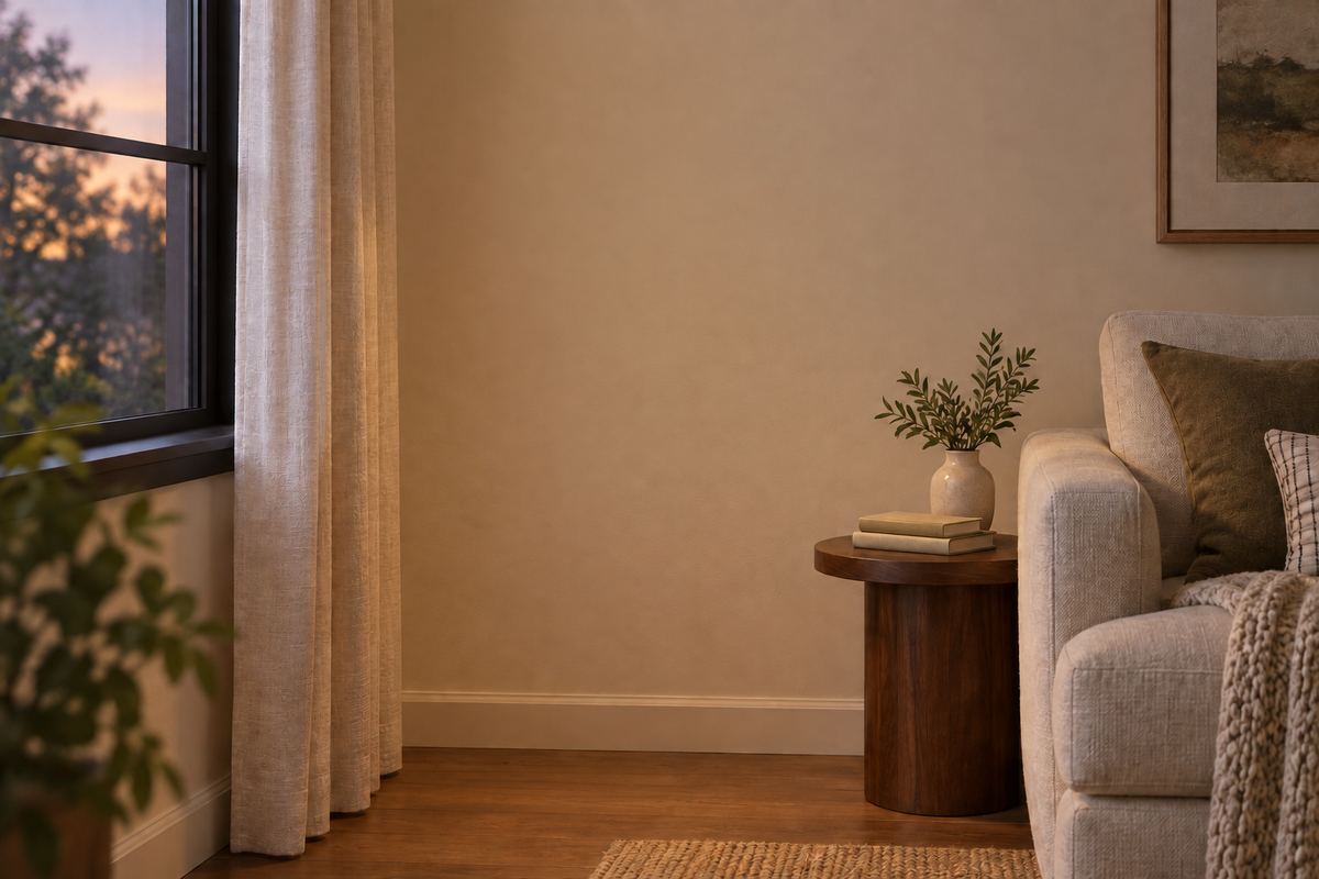 Quiet living room corner before the lotus leaf floor lamp is placed