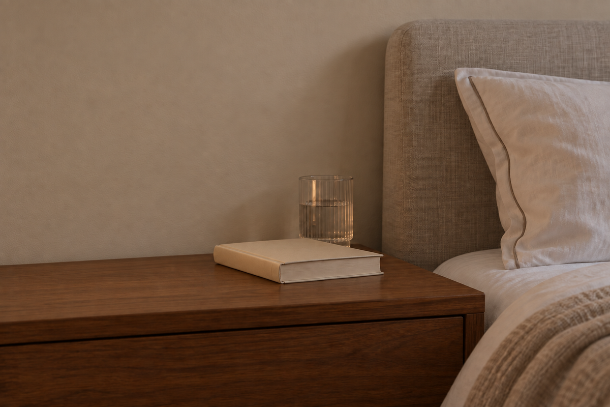 Neutral bedside table before the sunrise alarm clock is placed