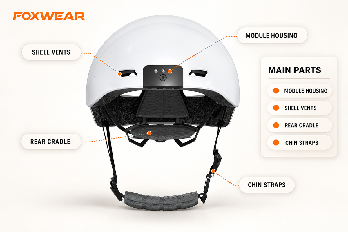 White helmet with factual callouts for the module housing, shell vents, rear cradle and chin straps