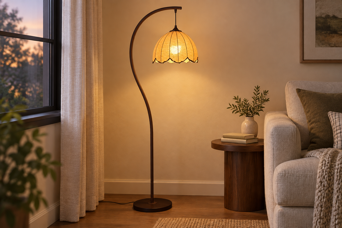 Dark lotus leaf arc floor lamp glowing in the matching living room corner