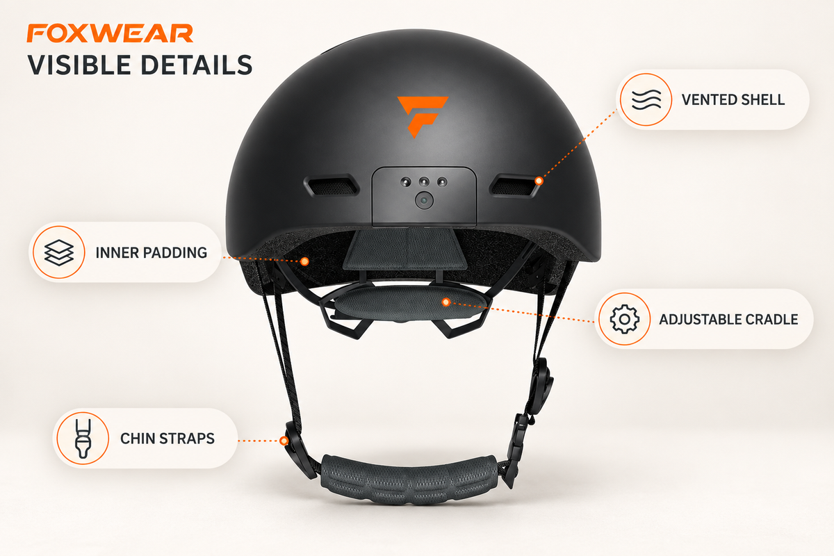 Black helmet with factual callouts for the vented shell, inner padding, adjustable cradle and chin straps