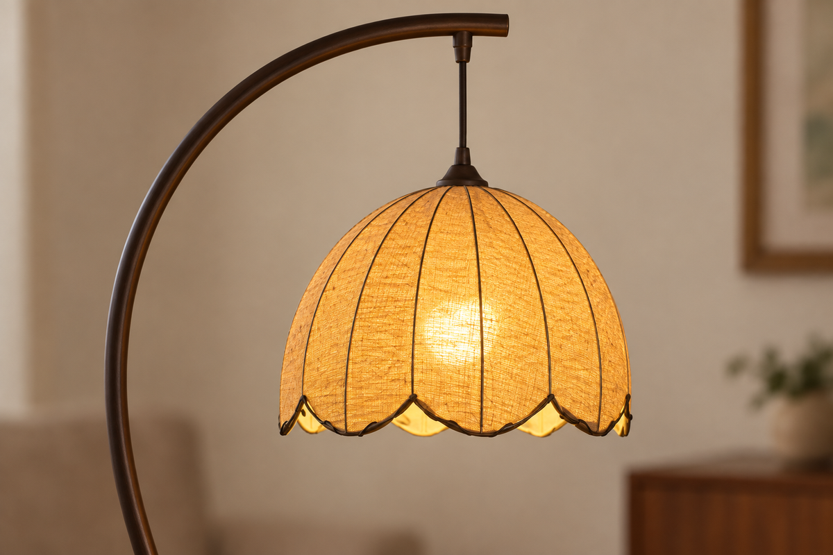 Close view of the amber dome, dark ribs and scalloped petal edge