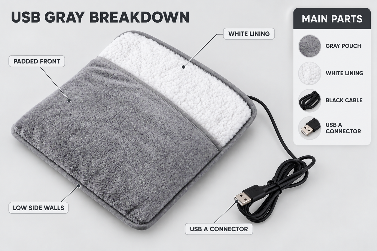 USB Gray flat pouch breakdown with four labeled callouts and MAIN PARTS panel