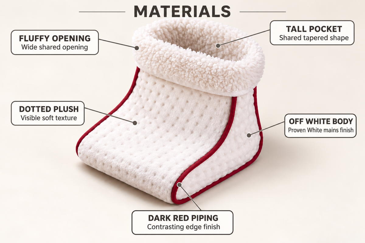 White tall foot warmer materials infographic with five labeled visible details