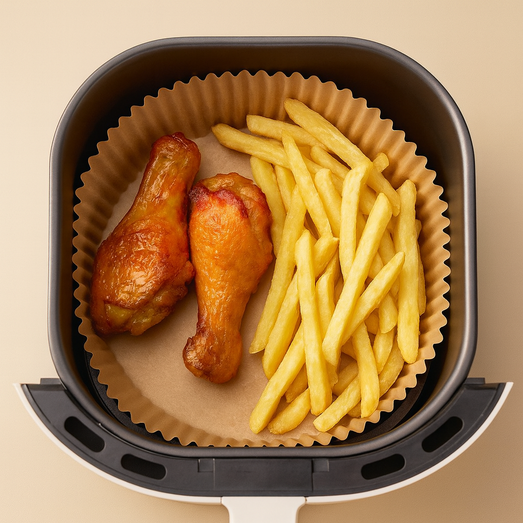 Pre-cut air fryer parchment liner shown flat from the front