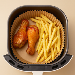 Pre-cut air fryer parchment liner shown flat from the front