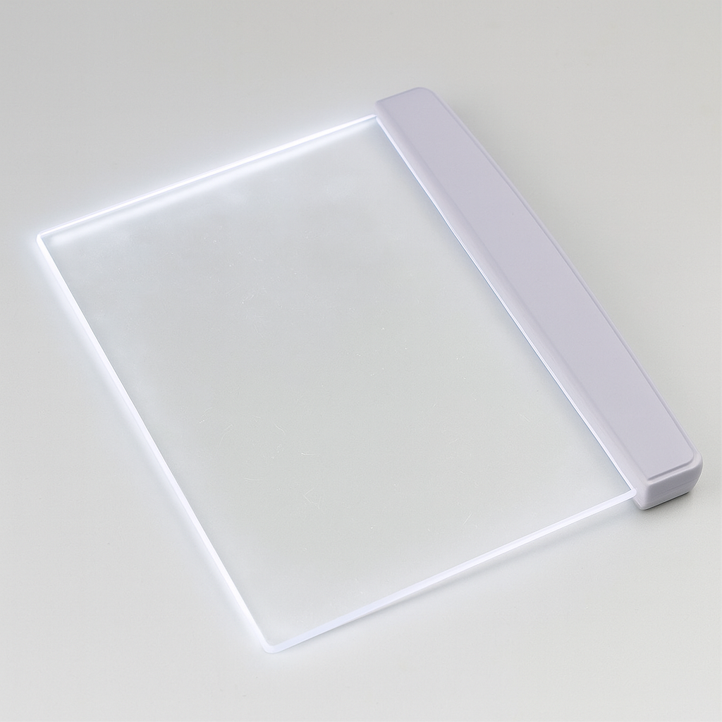 LED reading light panel used flat on a hardcover book angle
