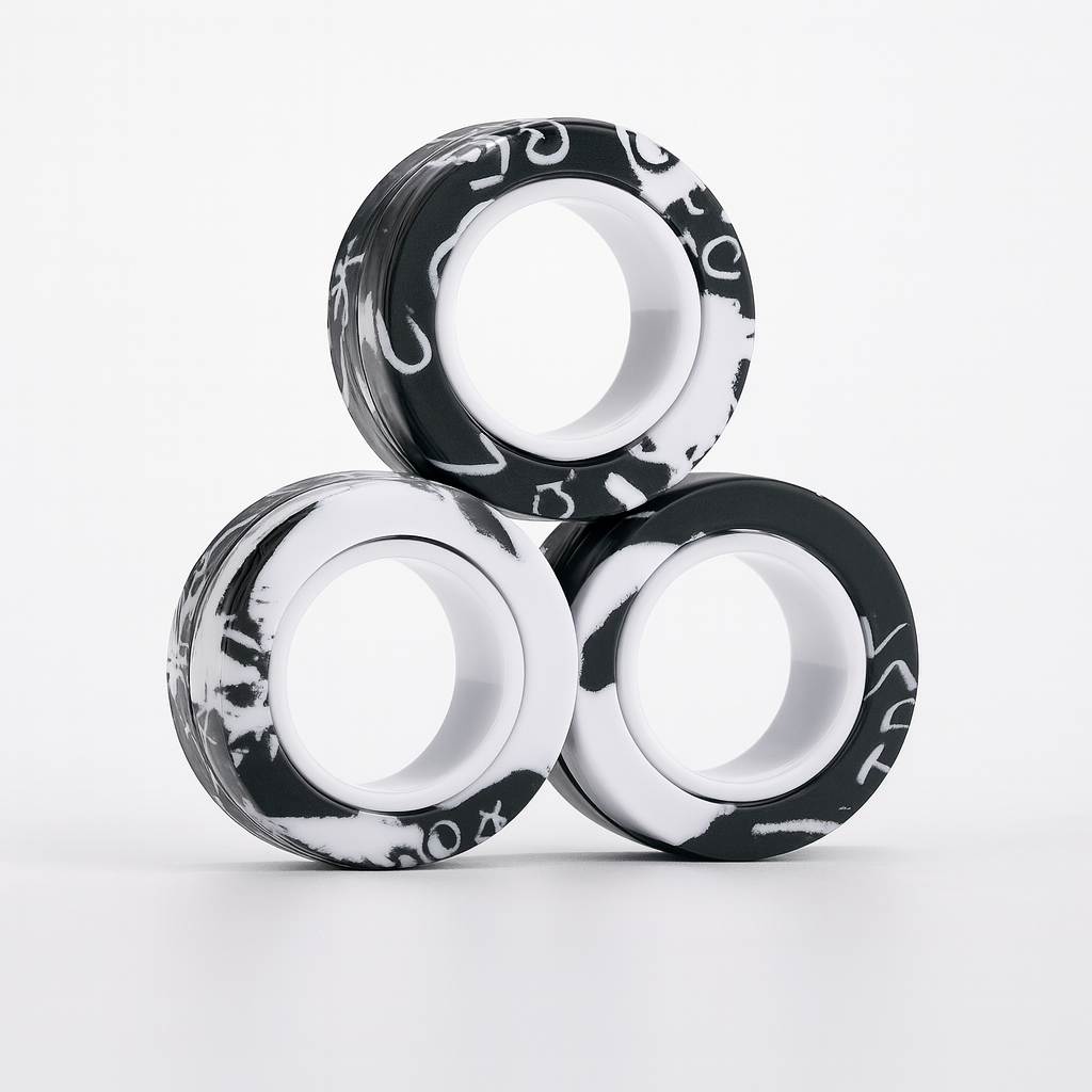 Set of magnetic fidget rings shown stacked together, front view