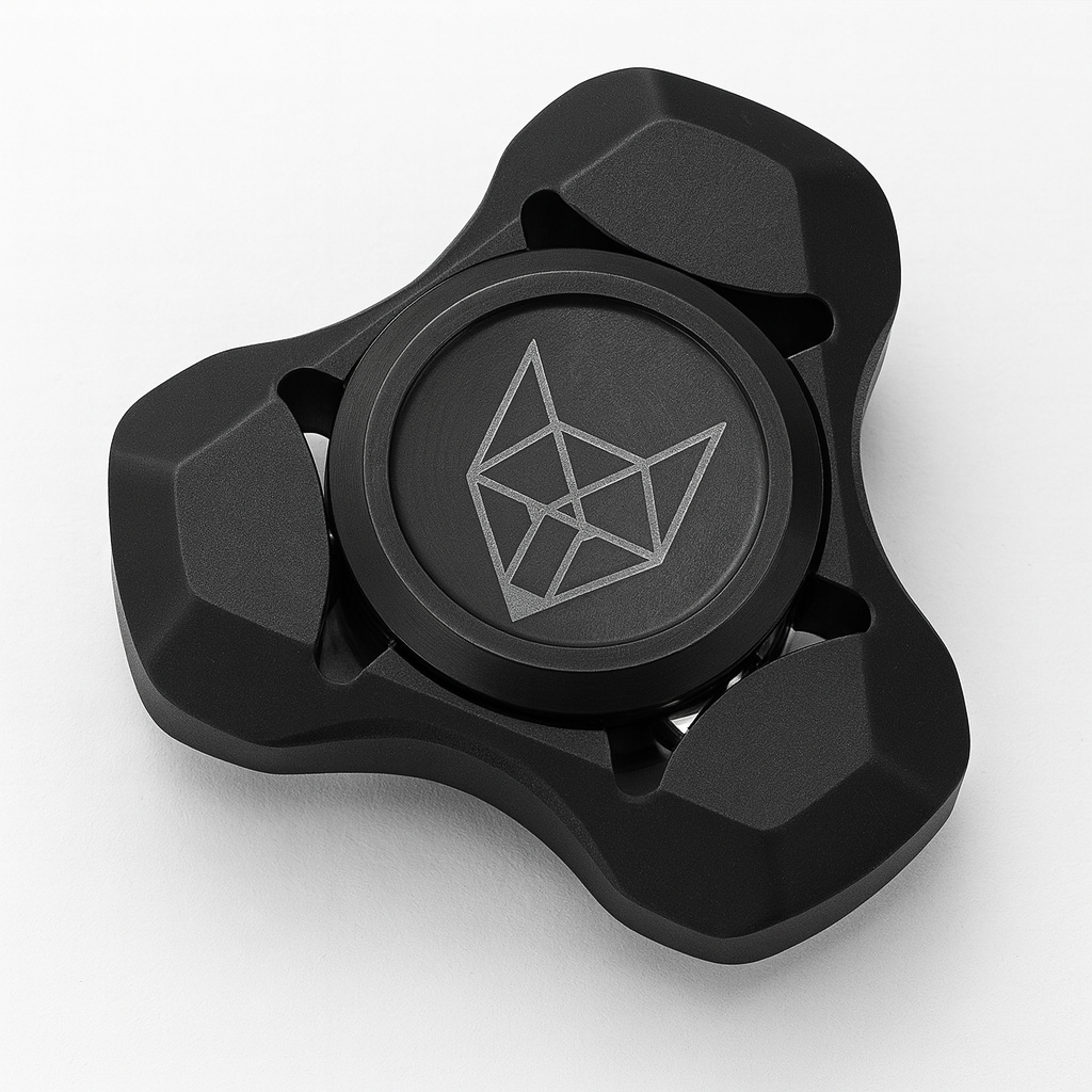Metal fox fidget spinner shown in spinning motion on a surface