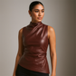 Wine red faux leather top worn for a relaxed dressed-up evening outfit