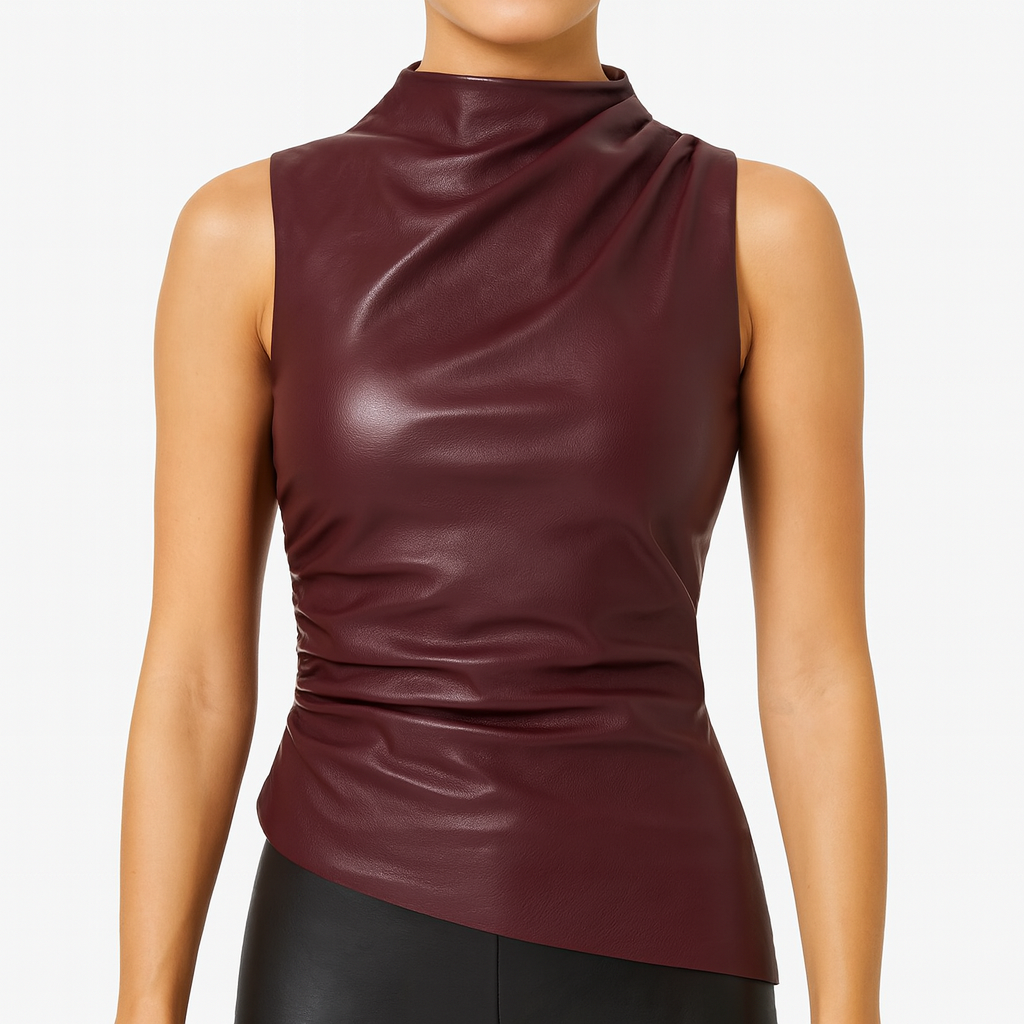 Close-up of the draped mock neckline on the sleeveless faux leather top