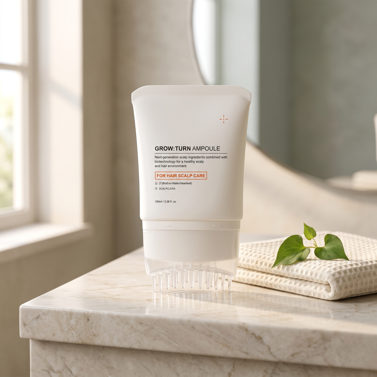 Scalp care hair essence on a marble bathroom vanity