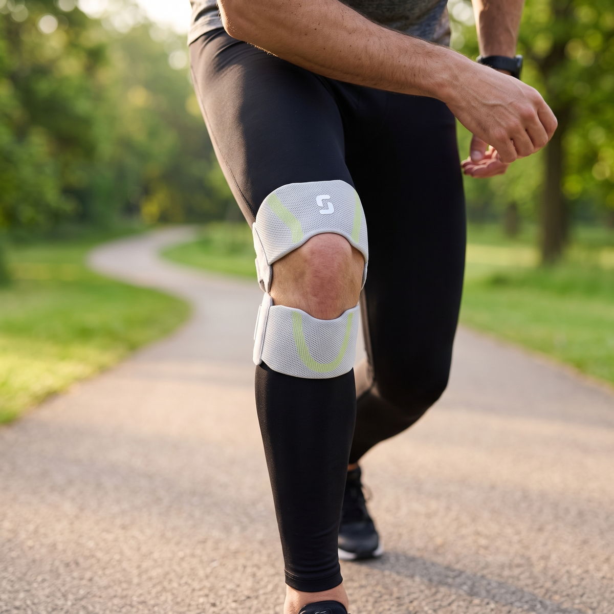 Runner on a park path wearing the knitted two band knee support, one band above and one below the kneecap