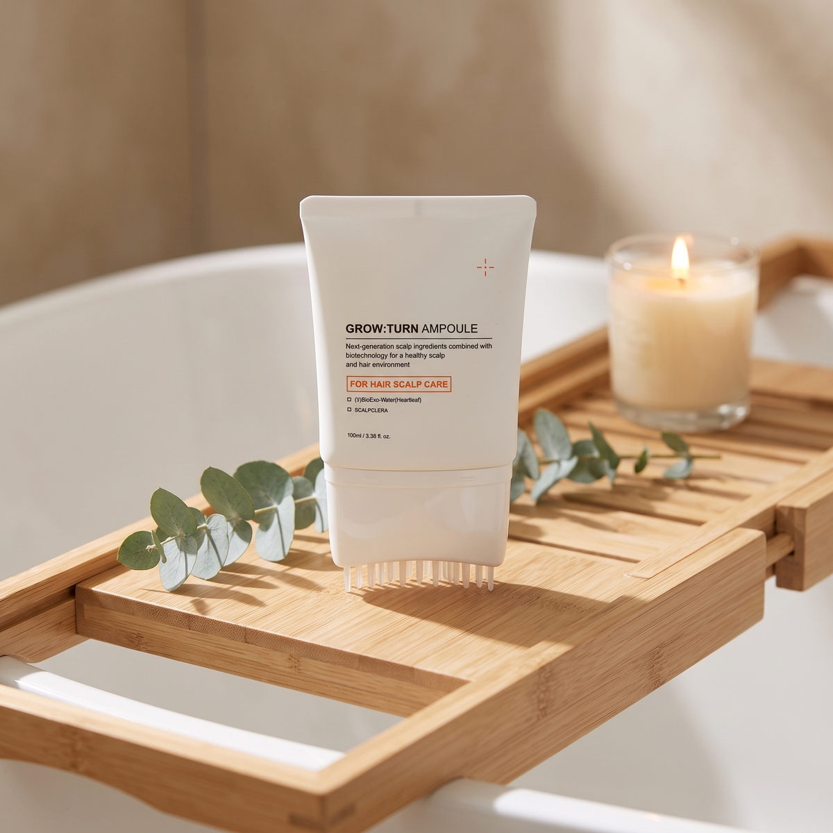 Scalp care hair essence on a wooden bath tray
