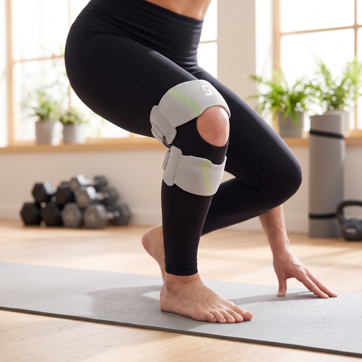 Person doing a squat in a home gym wearing the two band knee support with the kneecap left open