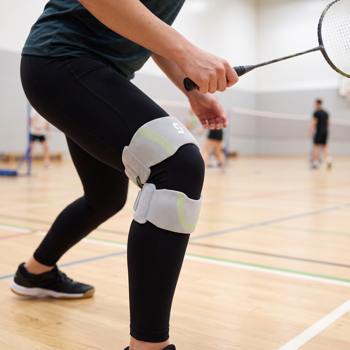 Player on an indoor court wearing the two band knee support during a rally
