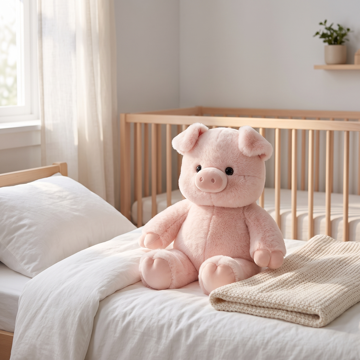 Soft fluffy pink plush pig toy sitting on a cozy child bed in a bright nursery