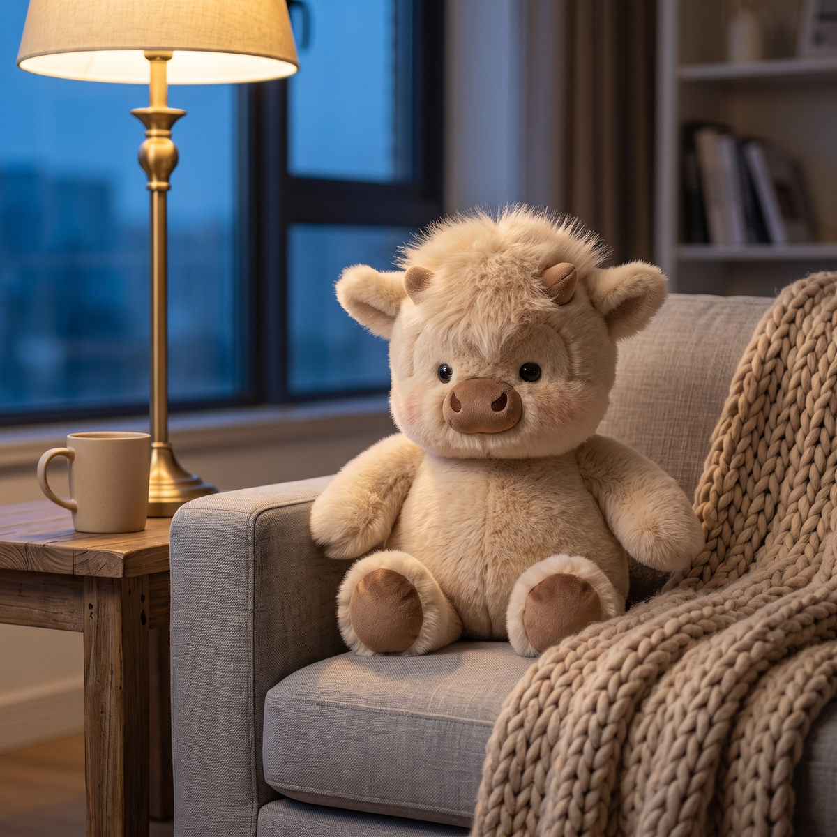 Cream highland cattle plush toy resting on a soft sofa in a warm cozy living room
