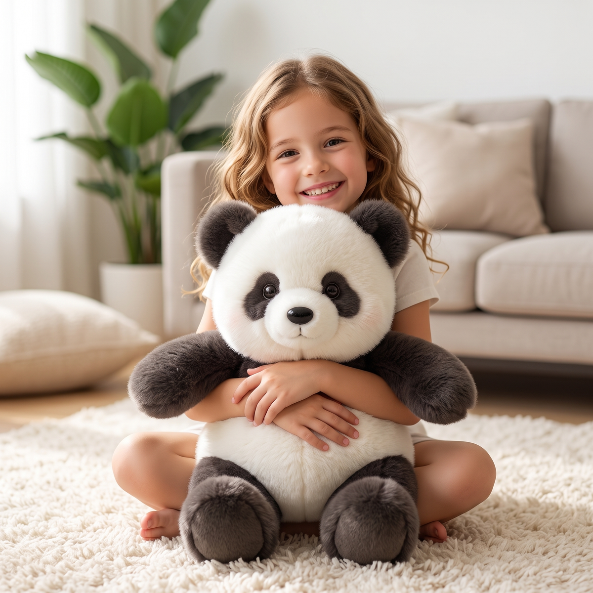 Smiling child hugging the fluffy black and white plush panda toy in a bright living room