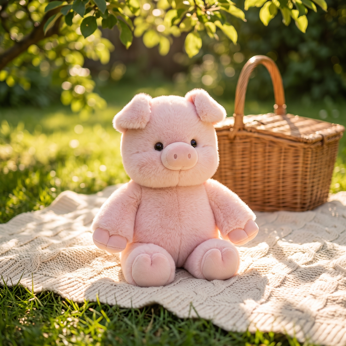 Pink plush pig toy sitting on a knit blanket in a sunny garden picnic setting
