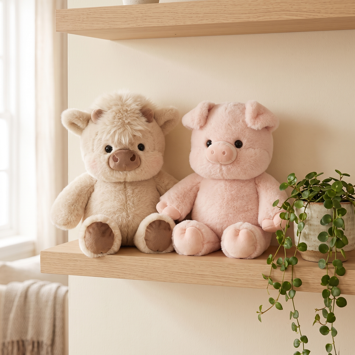 Cream highland cattle and pink pig plush toys side by side on a wood shelf