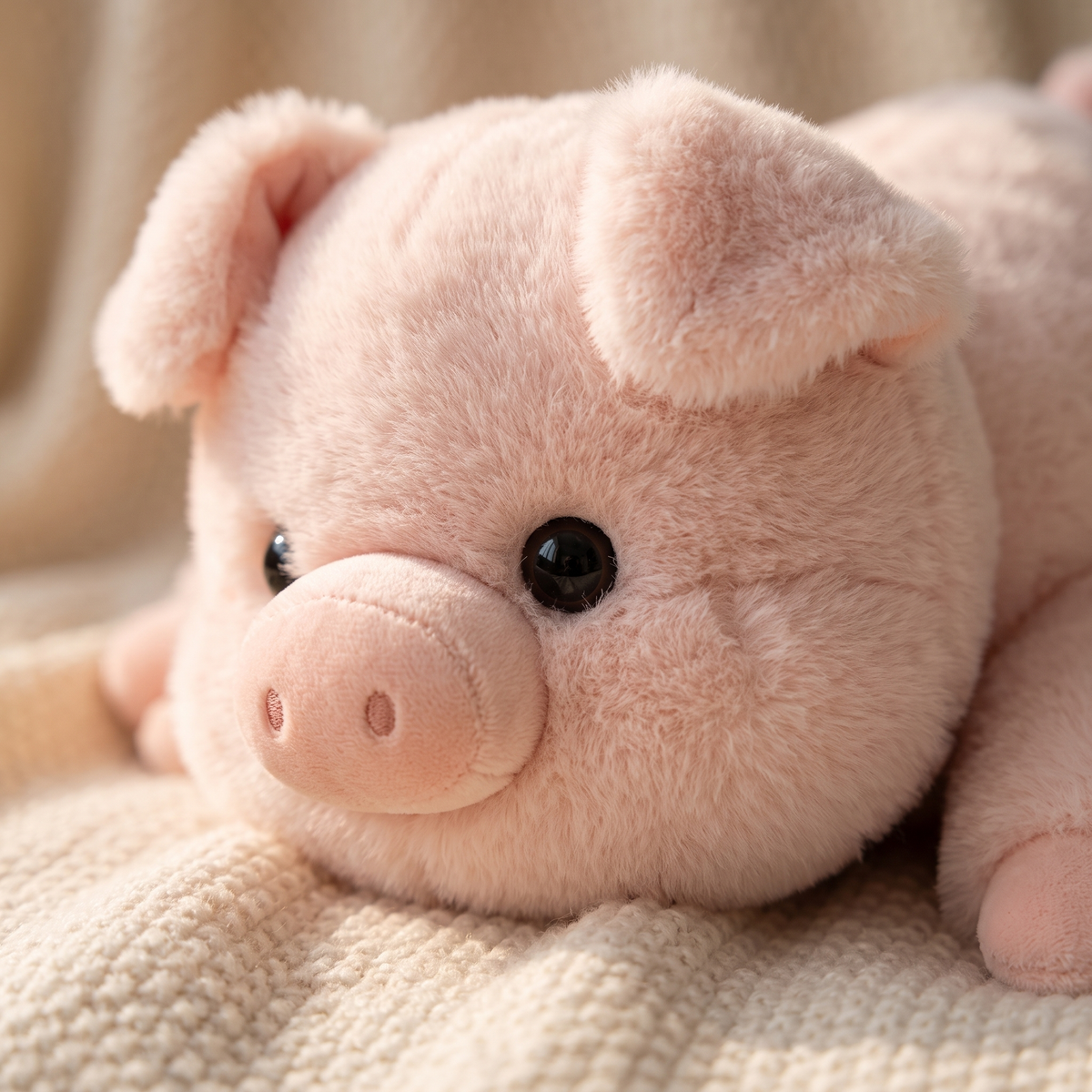 Close up of the soft pastel pink faux fur and snout of the plush pig toy