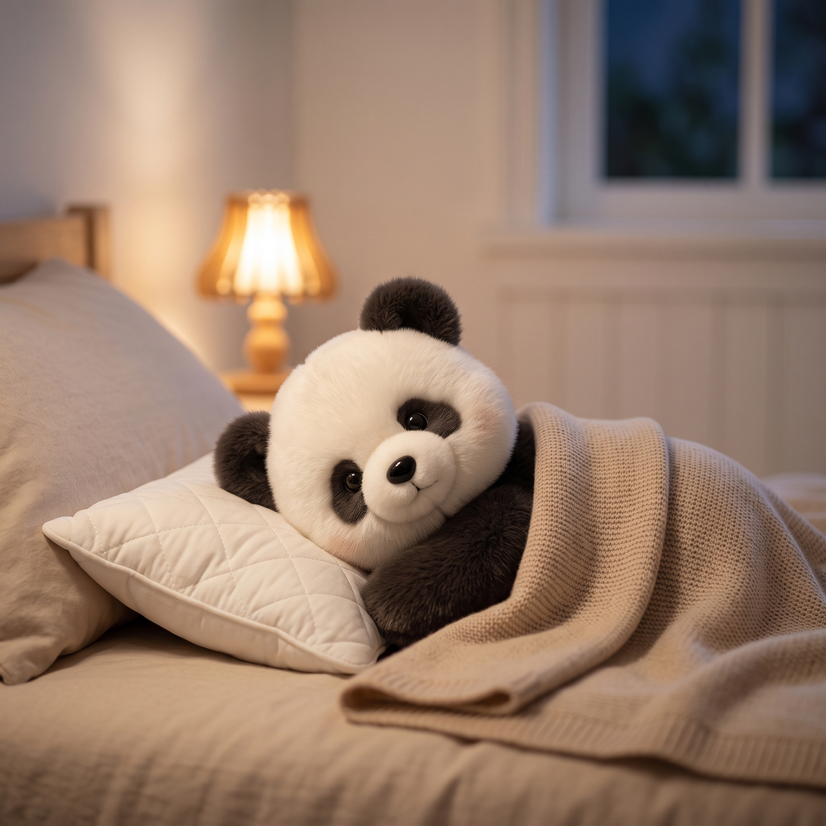 Fluffy panda plush toy tucked under a soft blanket on a bed at bedtime